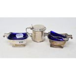 A pair of silver salts, Birmingham 1925, and a silver mustard pot, approx. 10.2 ozt, all with blue