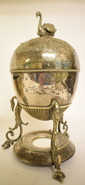 A Victorian plated spoon warmer, in the form of a shell, an egg coddler, a biscuiteer, a pedestal - Image 6 of 6