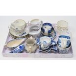 A late 18th century Worcester porcelain cup and saucer, three pickle dishes, and other assorted