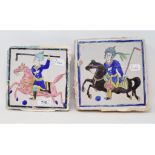 A 19th century Qajar tile, of square form, painted a polo player in cobalt, manganese and yellow, 20