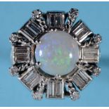 An 18ct white gold, platinum, opal and diamond ring, approx. ring size O See inside back cover