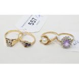 A 9ct gold and diamond ring, approx. ring size Q, two other 9ct gold rings, and a 14ct gold ring (4)