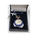 A lady's blue enamel fob watch, the case set marcasite, on a silver coloured metal and blue enamel