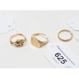 A 9ct gold knot ring, approx. ring size MÂ½, a 9ct gold wedding band, approx. ring size M, and a 9ct