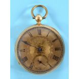 A 19th century 18ct gold open face pocket watch, the gilt dial with floral engraved decoration,