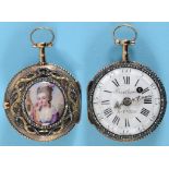 A late 18th/early 19th century pocket watch, the enamel dial with Roman and Arabic numerals,