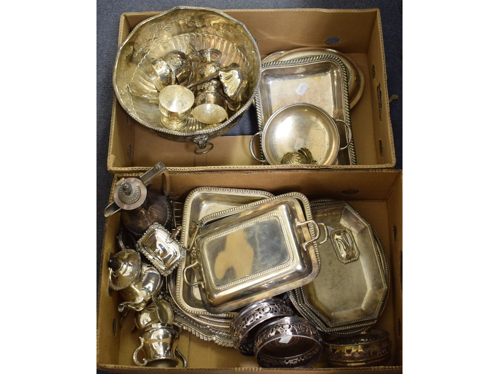 Assorted silver plate, including entree dishes and covers, and a punch set (2 boxes)
