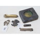 An Edwardian silver mounted cigar cutter, penknives and other items (qty)