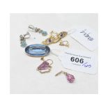 A 15ct gold, seed pearl and sapphire brooch, lacks one seed pearl, a pair of 9ct gold amethyst and