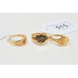 An 18ct gold signet ring, approx. ring size O, another 18ct gold signet ring, approx 7.5 g, and a