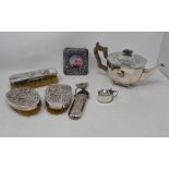 A silver part dressing table set, decorated iris, stamped Bisansha Silver, a silver mustard pot,