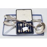 A silver cigar piercer, London 1938, a set of six silver coffee spoons, cased, a silver plated