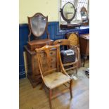 A Victorian mahogany toilet mirror, 53 cm wide, another, two chairs, a small chest of drawers, a