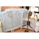 A pair of canework single bed ends, 101 cm wide, a corner table, a chair, assorted lamps and