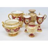 A Coalport porcelain tyg, with gilt decoration, four matching items, and a Dolton Burslem vase, some