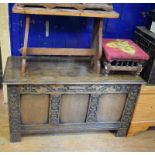 A pine blanket box, 67 cm wide, an oak coffer, a miniature dresser, deed boxes and other items (10)