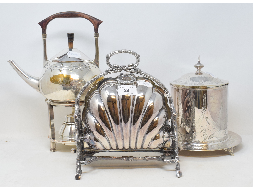 A Victorian plated foldout biscuiteer, 24 cm high, a late Victorian plated biscuit box, and a plated