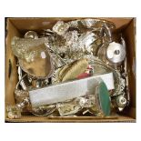 Assorted silver plated items, including candlesticks, teawares, dishes and cutlery (box)