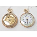 A lady's 9ct gold open face fob watch, the enamel dial with Roman numerals, in an engraved case, and