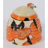 A Clarice Cliff Bizarre Fantasque Orange Chintz pattern honey pot and cover, printed mark to base,