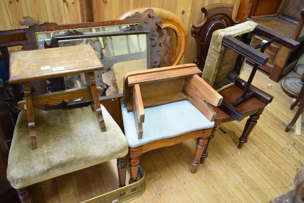 A Victorian mahogany hall chair, two other chairs, three stools and two mirrors (8)