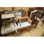 A Victorian mahogany hall chair, two other chairs, three stools and two mirrors (8)