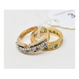 A yellow coloured metal eternity ring, set green and white stones, approx. ring size N, and a 9ct