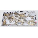 Amendment: Five 19th century silver plated fiddle pattern dessert forks, crested, other silver
