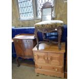 A carved wood foot stool, 47 cm wide, another, a wall mirror, an occasional table, a wheelback chair