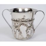 An early George III silver two handled porringer, with Rococo style decoration, London 1768, approx.