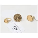 A 9ct gold St George ring, approx. ring size SÂ½, and two others similar, approx. 8.2 g (3)