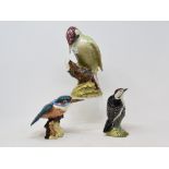 A Beswick Lesser Spotted Woodpecker, 2420, and two other birds, Green Woodpecker, 1218B, and