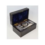A coromandel dressing case, containing assorted glass boxes and jars, with plated mounts,