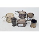 A silver mustard pot, Birmingham 1894, and other silver condiments, approx. 6.9 ozt, with blue glass