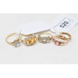 A 9ct gold and white stone dress ring, approx. ring size N, and four other 9ct gold rings (5)