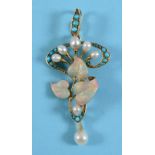 An Art Nouveau 15ct gold pendant, set turquoise and pearls, with enamel leaf decoration See front