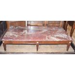 A low table, the marble top on tapering square fluted legs, 162 cm wide