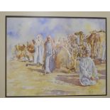 Persian school, late 20th century, camels and other figures resting, watercolour, indistinctly