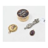 A paste set single earring, two pendants, and a small silver and inlaid tortoiseshell box, marks