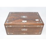 A Victorian rosewood writing slope, inlaid with mother of pearl, 36 cm wide, an inlaid rosewood box,