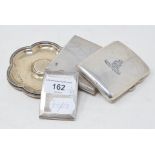 Two silver cigarette cases, a silver vesta case, and two silver dishes, approx. 10.7 ozt (5)