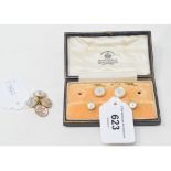 A pair of 18ct gold and Essex style cufflinks, monogrammed and with crests, and a 9ct gold part