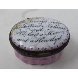 A 19th century enamel patch box, the lid inscribed The Vict'ry's won the Gallant Nelson cryd. He