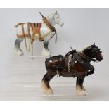A Beswick Shire Mare, harnessed, grey, 818, three others, harnessed, brown, 818, two other Shire