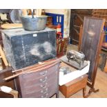 An Edwardian mahogany cheval mirror, 47 cm wide, a commode, a deed box, lead tobacco jars and