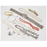 A coral necklace, a silver coloured metal belt and other assorted jewellery (qty)