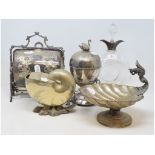 A Victorian plated spoon warmer, in the form of a shell, an egg coddler, a biscuiteer, a pedestal