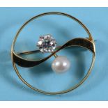 A yellow coloured metal brooch, set with a diamond and a baroque pearl See illustration Report by NG