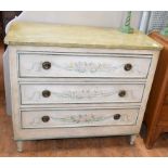 A painted chest, of three long drawers, having a faux marble top and floral decoration, on turned