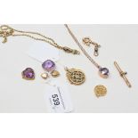 A 9ct gold swivel fob locket, approx. 30.3 g, a heart shaped amethyst pendant, and other jewellery